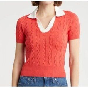 Love By Design Coral Cable-Knit Short Sleeve Polo Sweater with White Collar